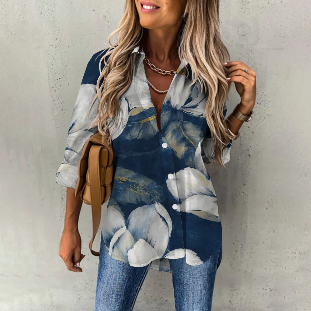 Elegant Womens Blouse Oil Painting Floral Printing Long Sleeves Trendy Lapel Button Up Shirts Blusa Mujer Office Daily Tops 240823