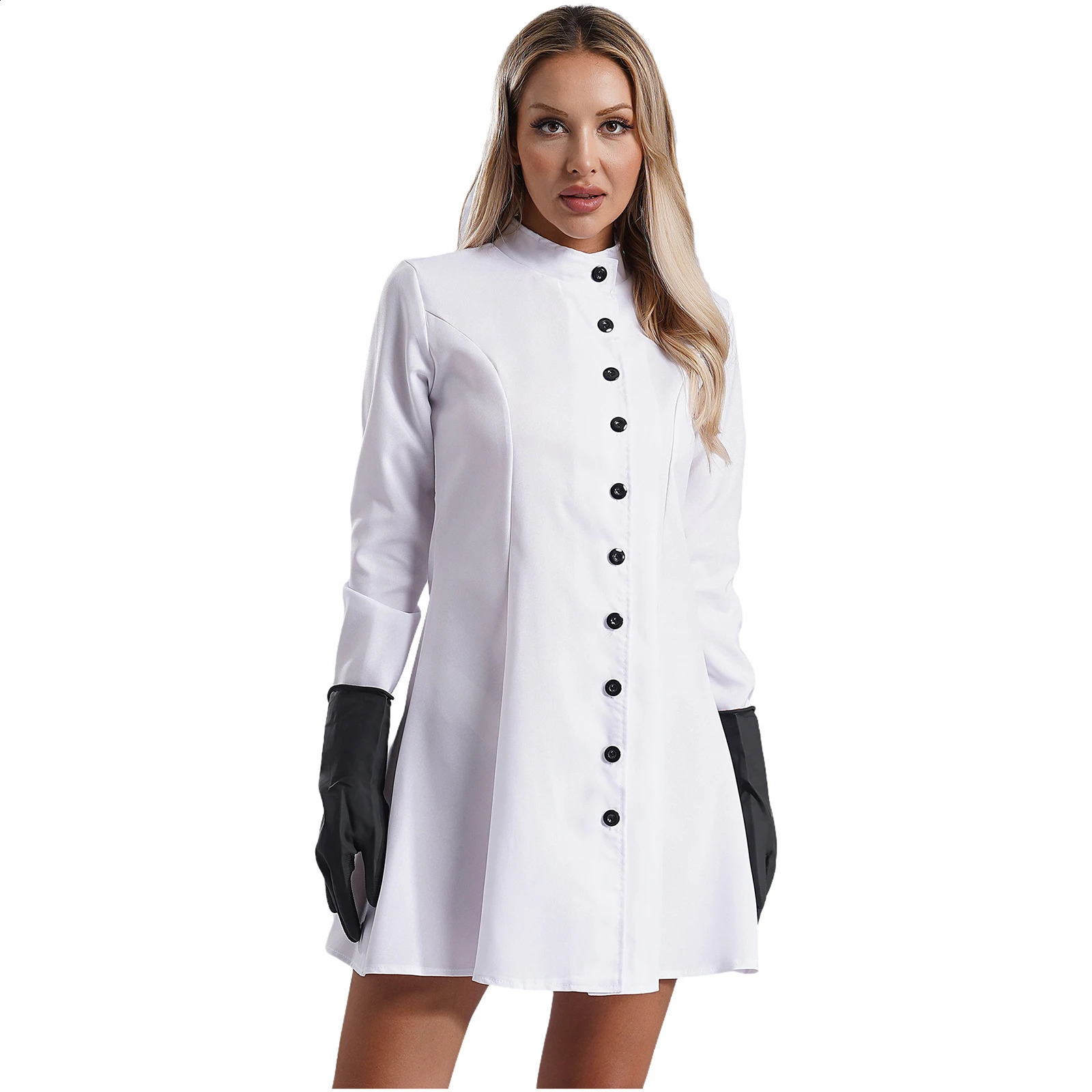 Female Halloween Doctor Nurse Crazy Scientist Role Playing Costume Long Sleeve White Laboratory Coat Theme Party Makeup w240824