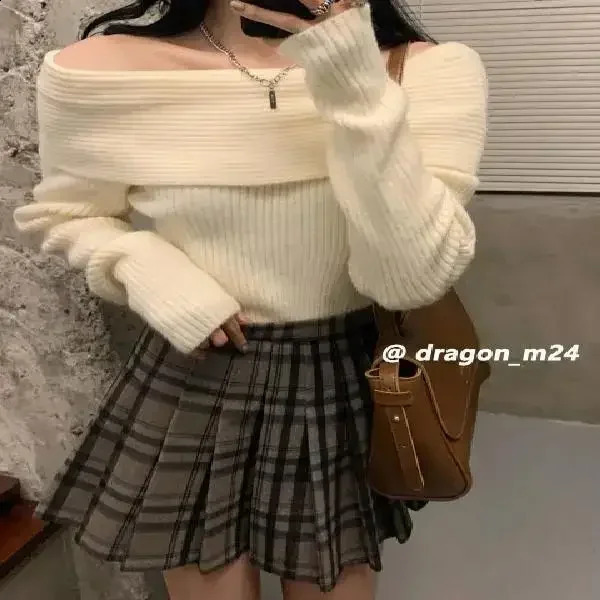 Off Shoulder Tops for women Long Sleeve Knitwear Knitted Sweater Sexy Pullover Y2k Clothing Korean Knit White Black Grey 240824
