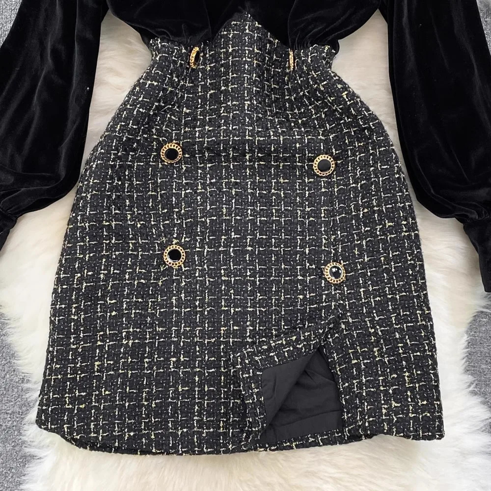 Vintage Black Velvet Dress Women Spring Autumn Long Sleeve Patchwork Tweed Mini Dress Party Dress Vestidos 240824