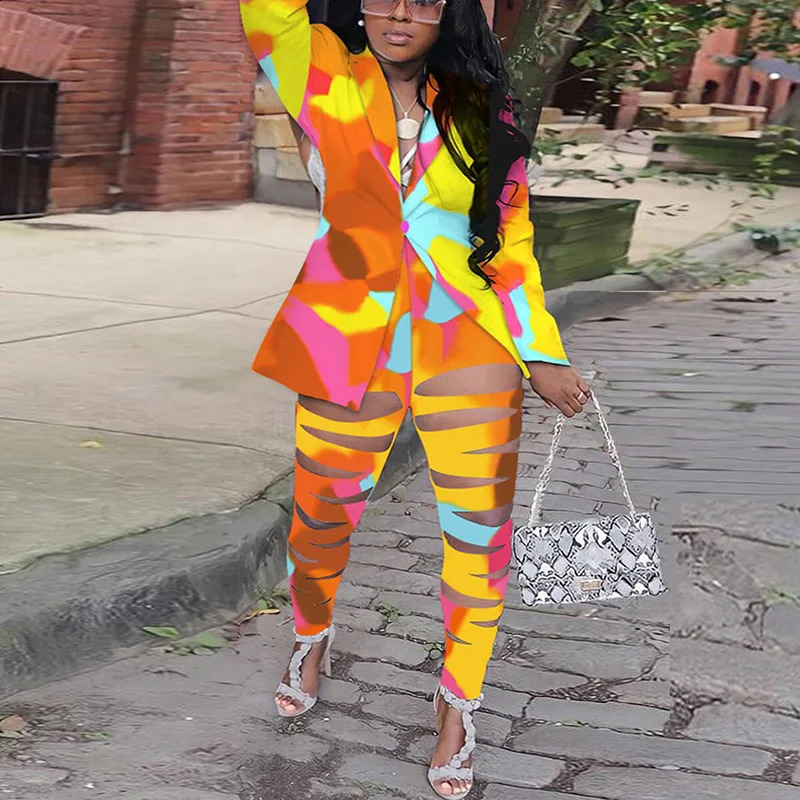 Plus Size Women Two Piece Set Turn Down Collar Vintage Print Autumn Long Sleeve Jacket Blazer Slim Hollow Out Pants Suit 240823