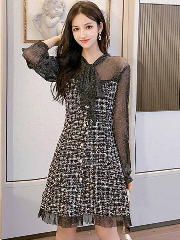 HMA Autumn And Winter Sexy See-Through Mesh Tweed Dress Ribbon Bow Single-Breasted Long Sleeve Chic Woolen Dresses 240824