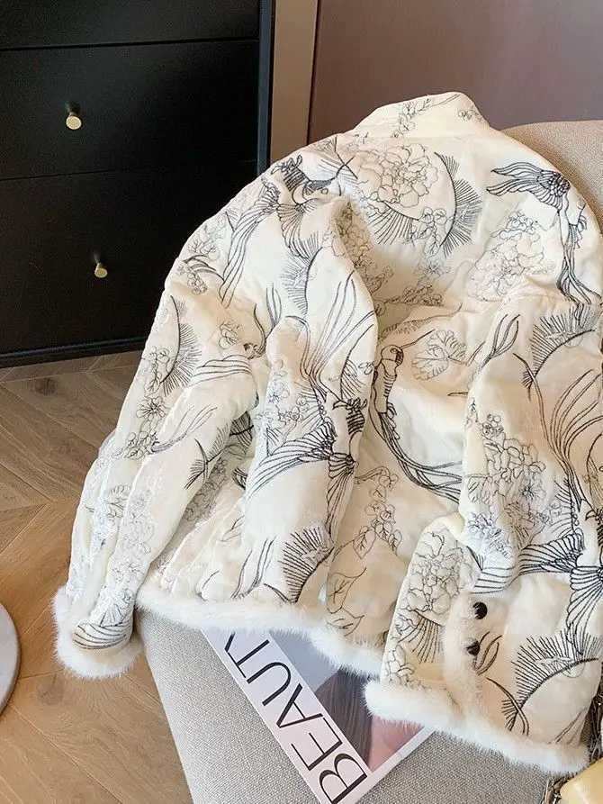 Women's Down Parkas Vintage Y2K Flowers Birds Embroidery Bomber Jacket Women Elegant Swt Girls Outerwear Padded Cotton Parkas Coat Winter Harajuk