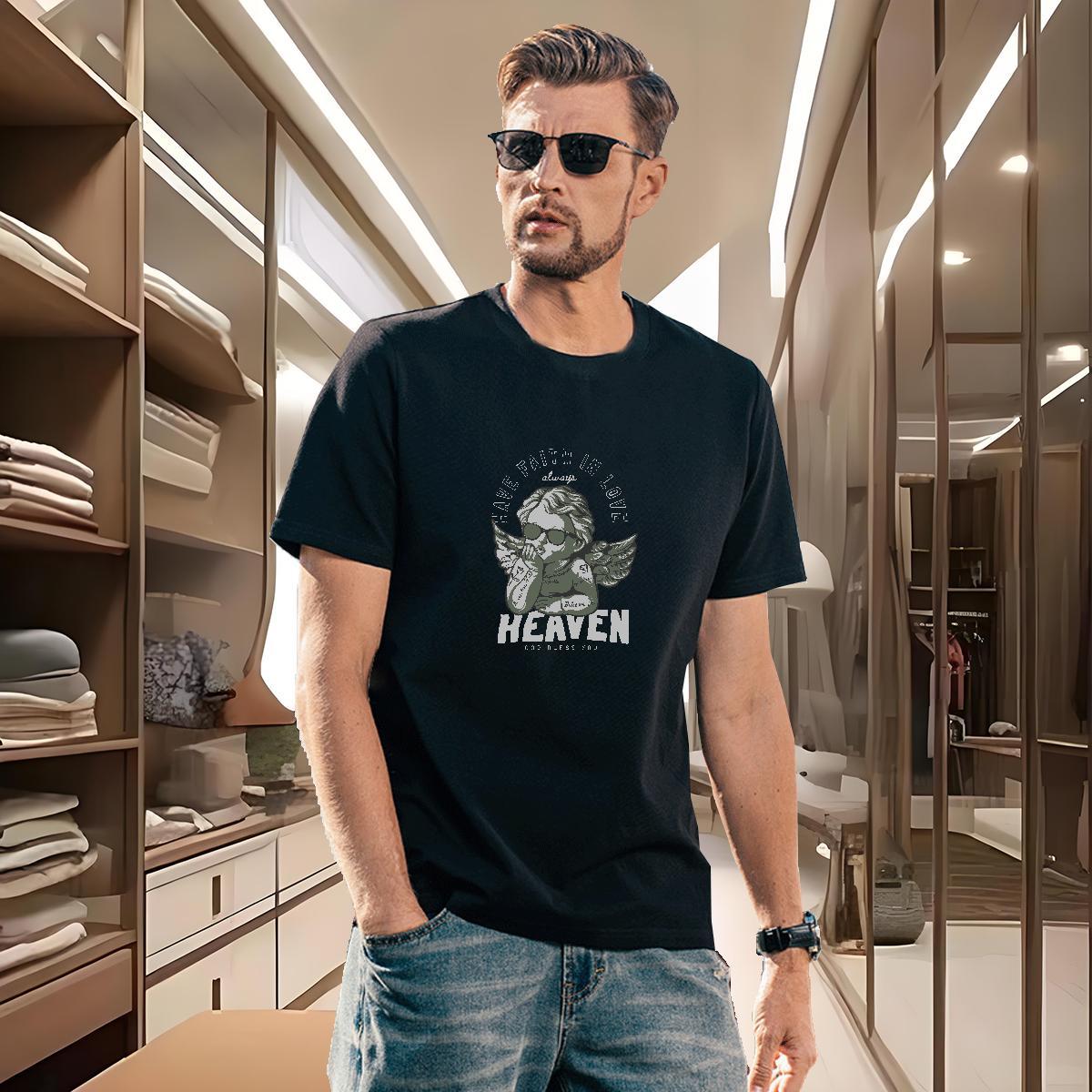 Cool Men T Shirts 230g Cotton angel Outdoor Cartoon Print Short Sleeve Soft Men Tops Tees DIY Polos