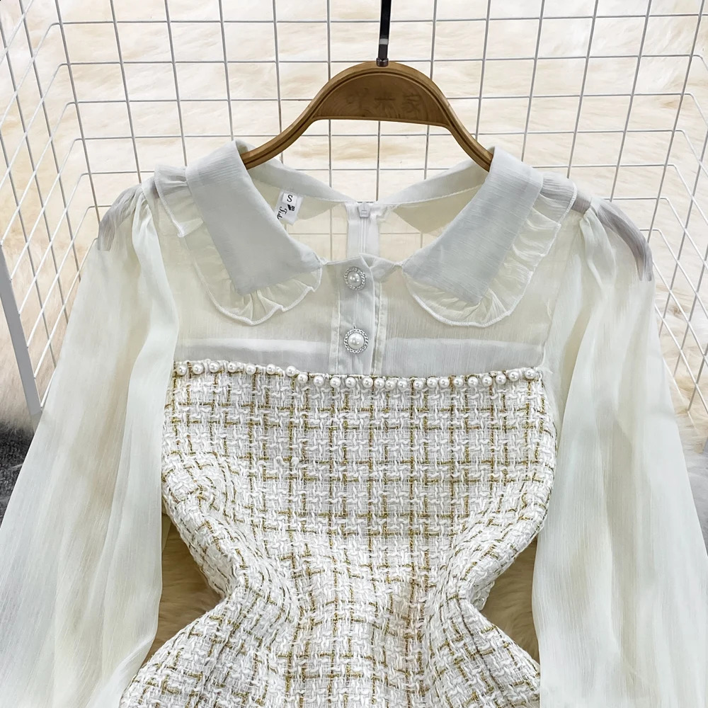 Autumn Elegant Mini Dress for Women Bodycon Tweed Patchwork Long Sleeve Beading Slim Female Tarf Chic Vintage Robe Party 240824