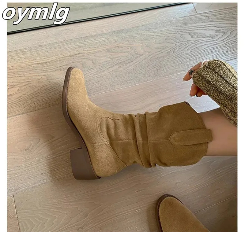 2024 Autumn/Winter Western Cowboy Boots Mid Leg Boots Suede Boots Foot Stacked Chelsea Boots 240823
