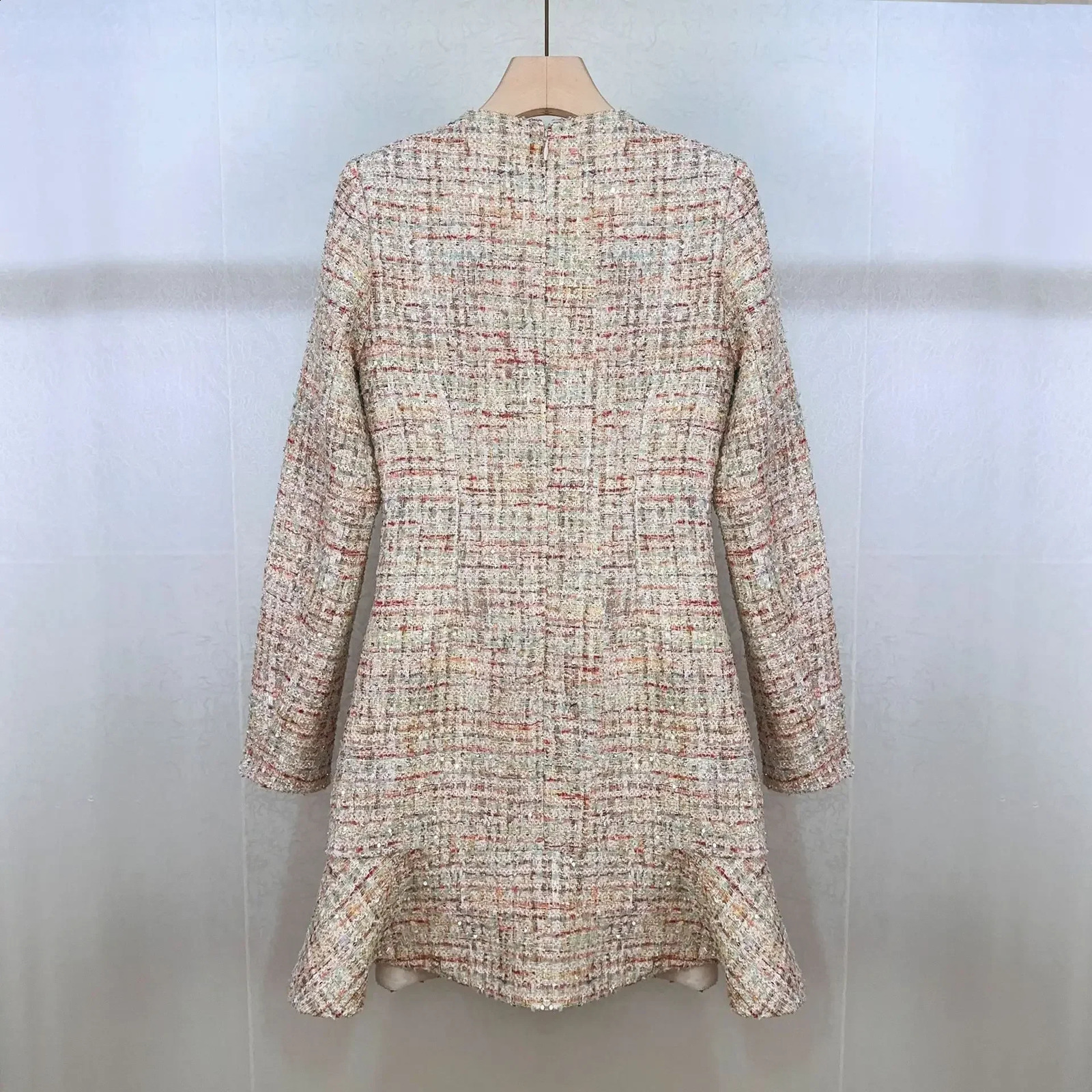 Women Early Fall Tweed Blended V-Neck Long Sleeve Ruffle Dress 240824