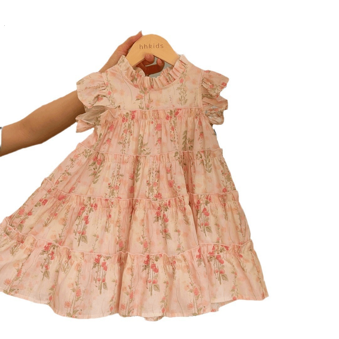 Girls' dress summer 2024 new stylish sweet ral small flying sleeves little girl princess cake skirt 111 F22-08.24