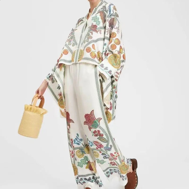 Women 2pcs fashion designer button long sleeved top shirt and pants set for women elegant pattern printed loose suit casual wide leg 2PC