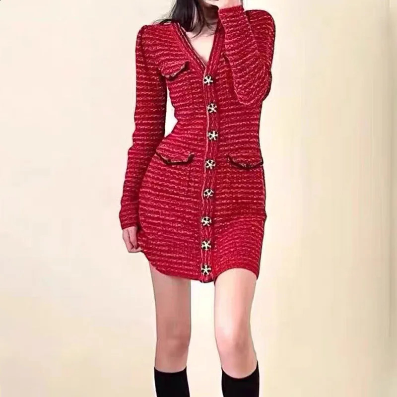 Elegant Lady Red Tweed Dress Vintage Four Pocket Long Sleeve Knit Dress Spring Casual High Waist Woolen Vestidos for Women 240824