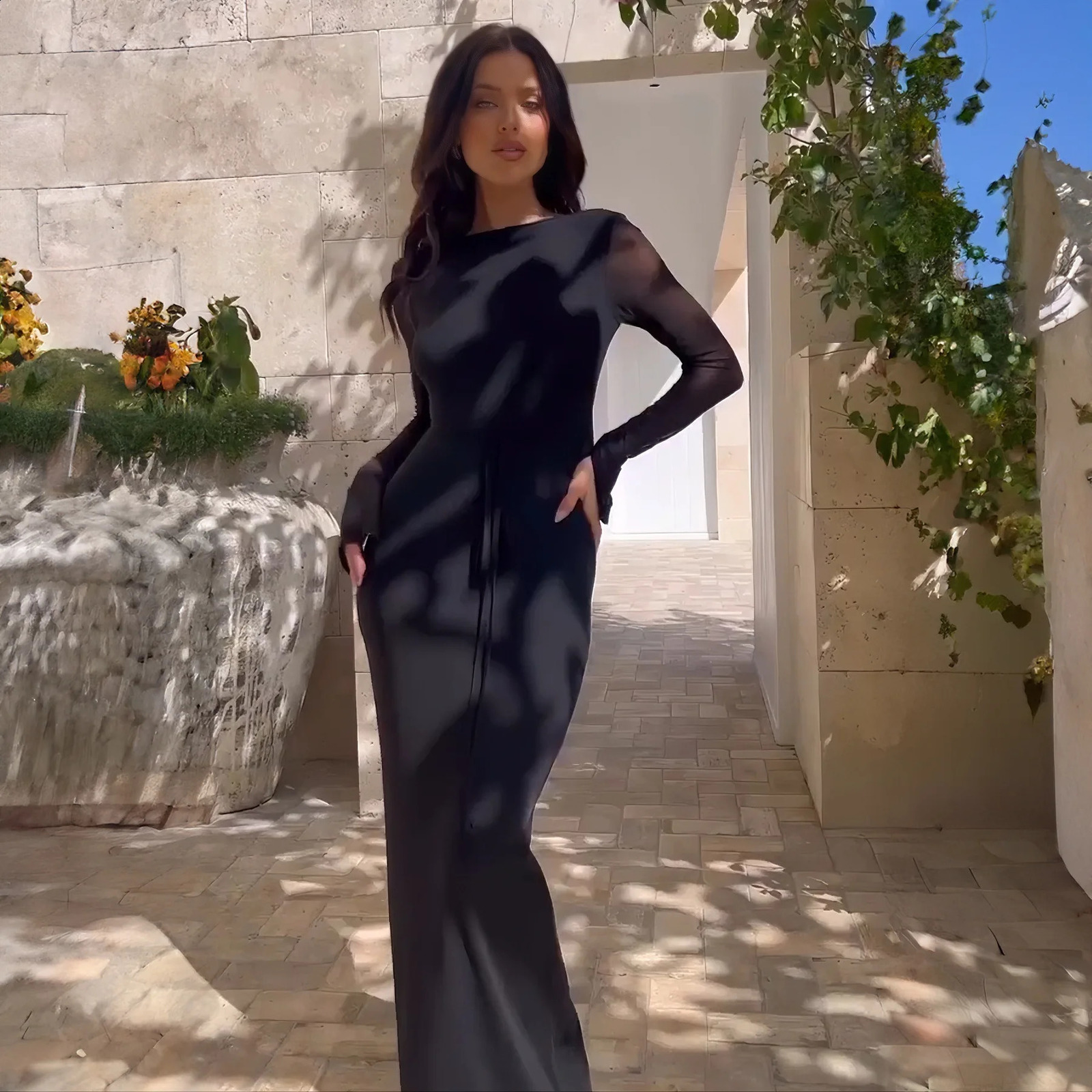 Autumn Winter Mesh Long Sleeve Hollow Out Bodycon Maxi Dress Outfits Women Sexy V Neck Bandage Party Club Dresses Vestido 240823