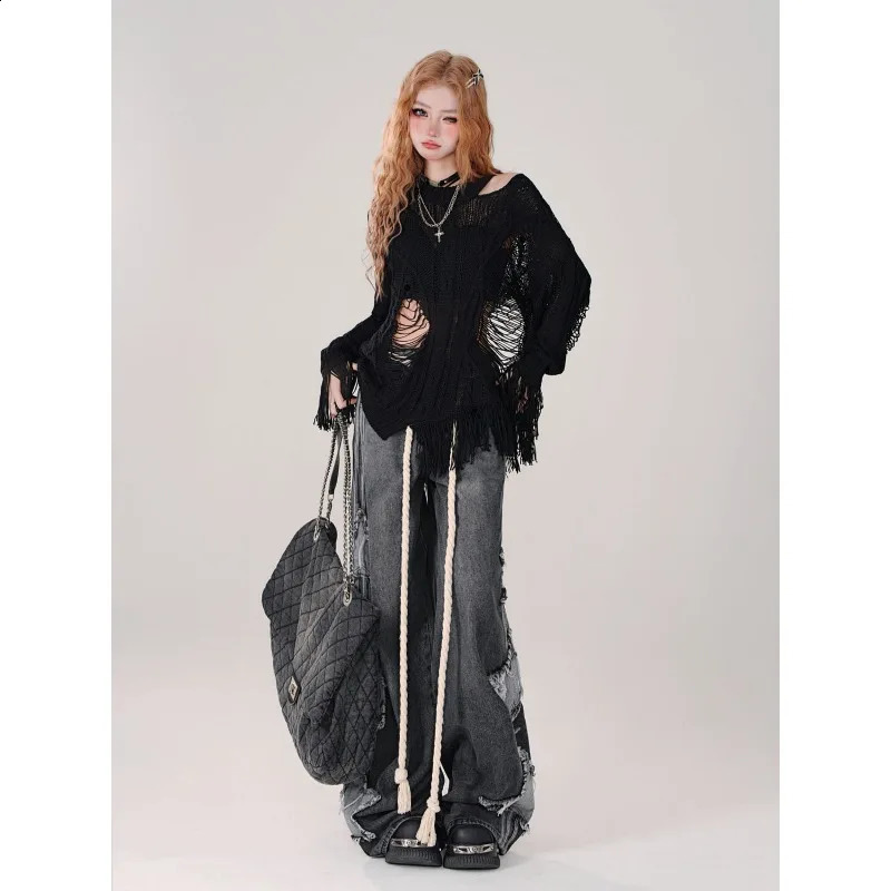 Deeptown Y2k Hollow Out Womens Knit Sweater Harajuku Off Shoulder Knitwear Grunge Vintage Korean Jumper Irregular Streetwear 240824