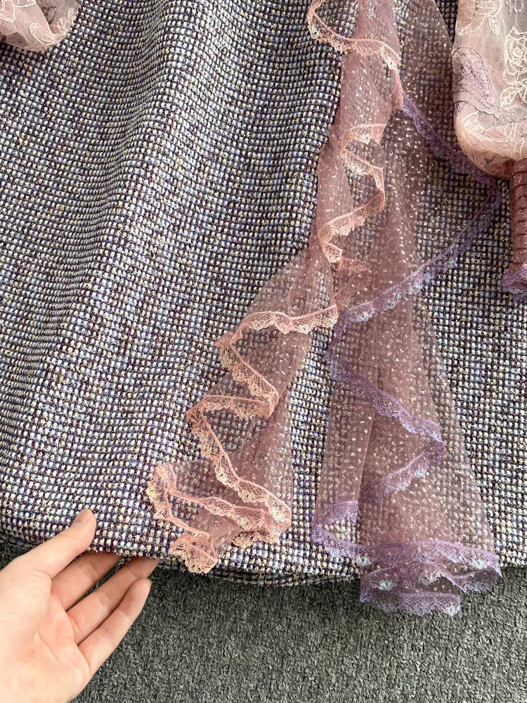 Autumn Sweet Pink Lace Mesh Embroidery Ruffles Patchwork Tweed dresses for Women elegant See Through Long Sleeve Party Vestidos 240824