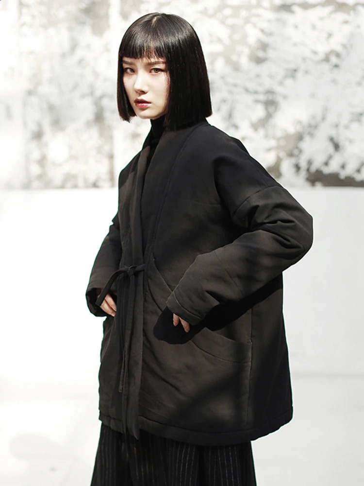 EAM Spring Vneck Long Sleeve Black Loose Short Bandage Cotton Pad Large Size Coat Womens Fashion JK133 240823