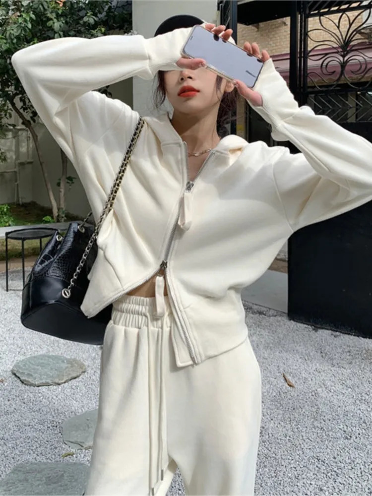 Autumn Casual Pink Hooded Sweatshirts Women Coat Double Zip Up Hoodies Crop Top Drawstring Waist Sweatpant Grey Harem Pants Wild 240824