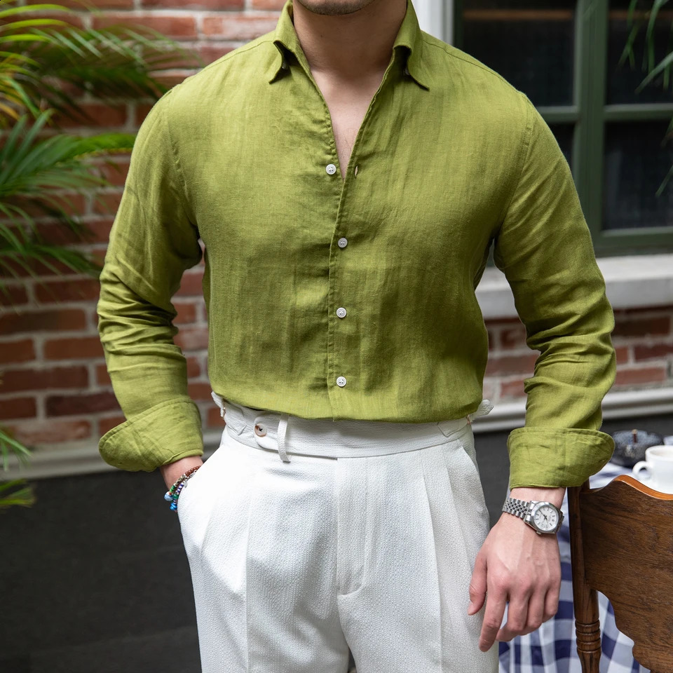 Italian mens summer 100% linen single neck long sleeved breathable casual thin shirt 240823