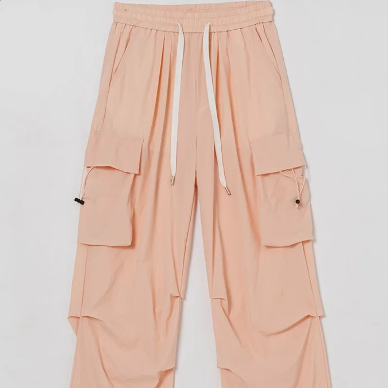 SpringSummer Mens Solid Color Drawback Elastic Waist Sports Neutral Outdoor Straight Leg Casual Cargo Pants 240823