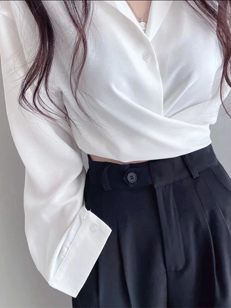 OIINAA Solid Shirts for Women Tops Vintage Long Sleeve Slim Chic Short Casual V-Neck Blouse Irregular Summer Fashion Korean Top 240823