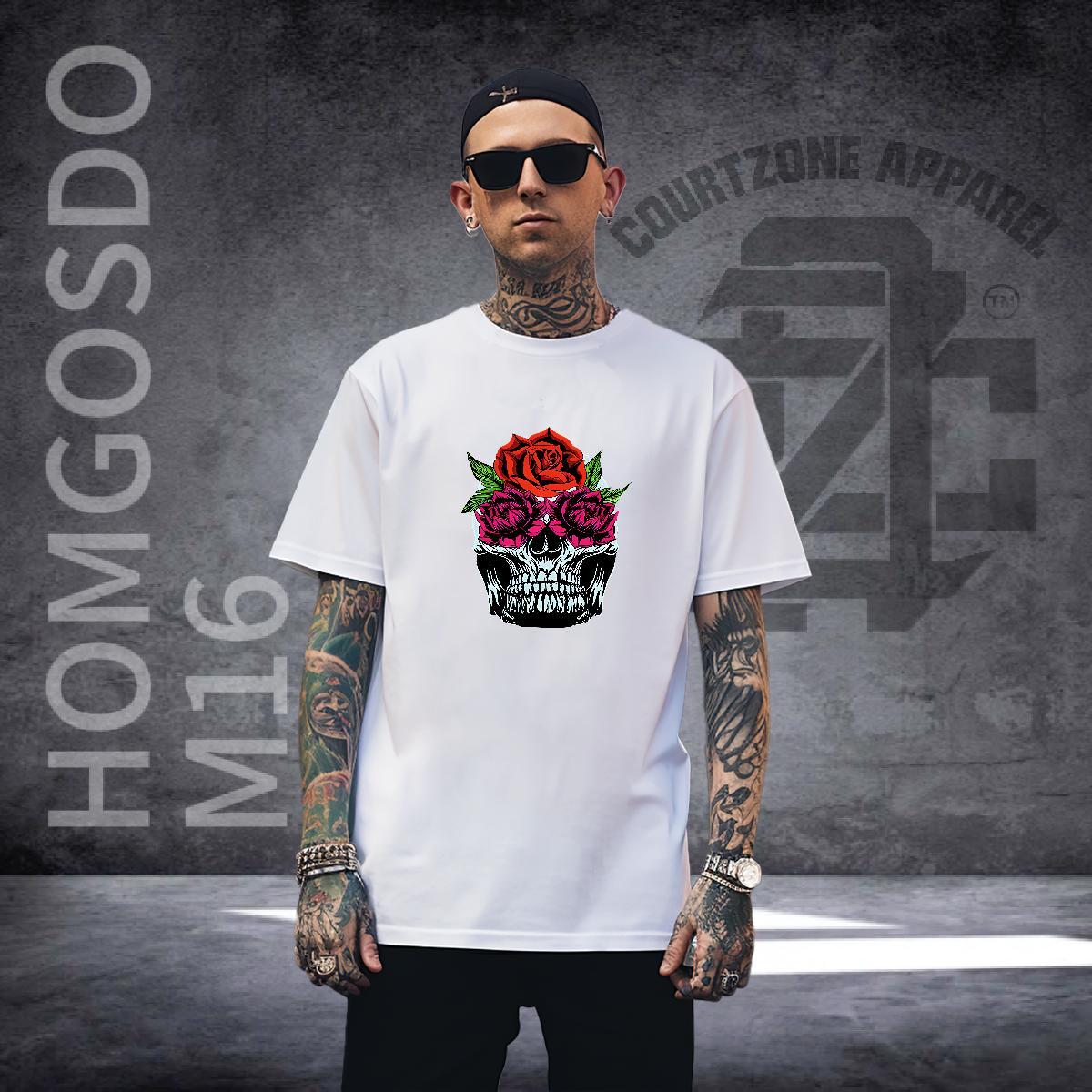 Unisex T-Shirts for Men 230g Pure Cotton skull Street Casual Floral Print Breathable Short Sleeve Men Tshirts Customized Tops