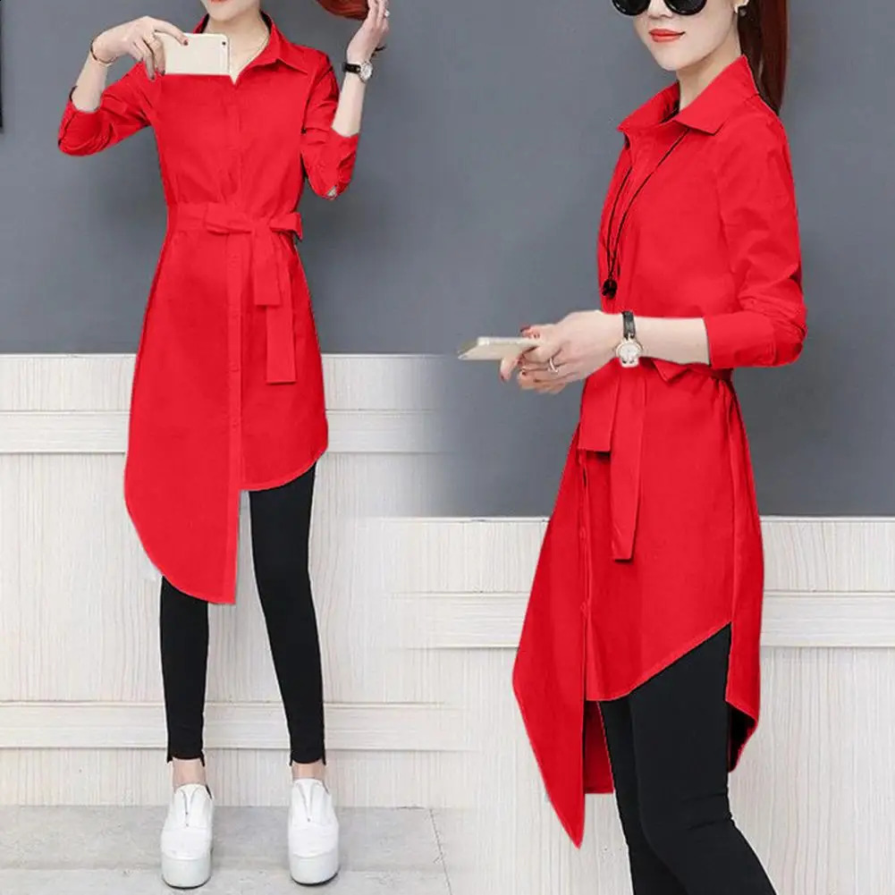 M-4XL Women Shirt Dress Long Sleeve Commute Mild-length Polyester Irregular Tied Belts Spring Office Lady Shirt Female Clothing 240823