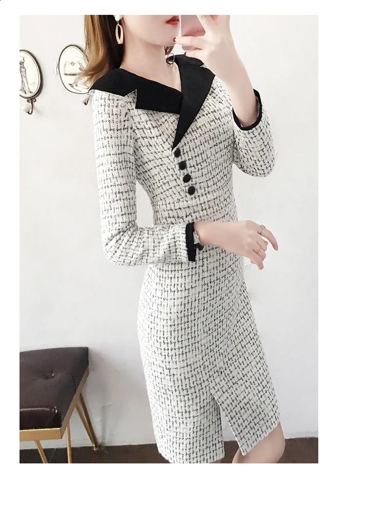 HMA Autumn And Winter Tweed Dress Women Vintage Wool Dresses Ladies Elegant V Neck Long Sleeve Woolen Vestidos 240824