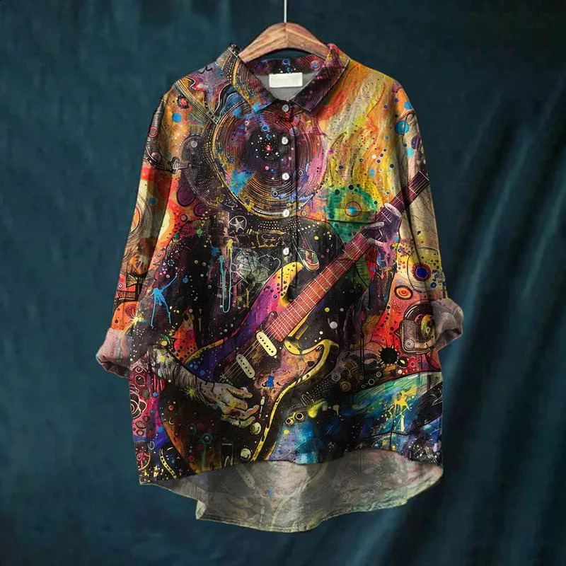 Summer Womens Casual Shirt Retro Floral Art Long Sleeve Pocket Hawaiian Style Printed Vneck Top 240823