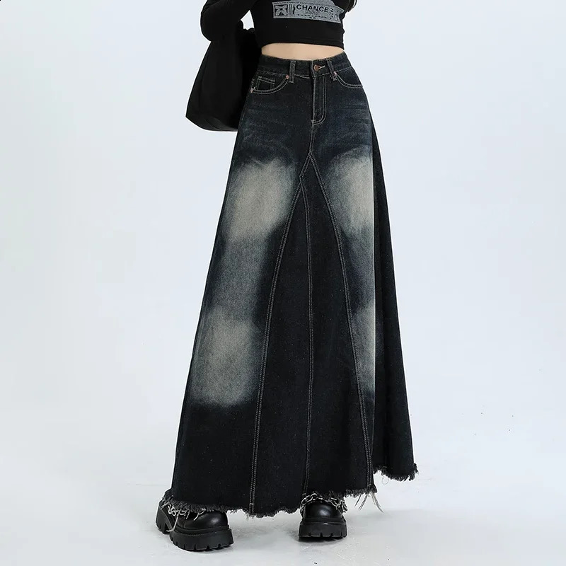 Women Denim Skirt Y2k Emo 2000s Clothes Long Skirt Harajuku Korean 90s Fashion Vintage Gradient A-line Jean Skirt Grunge Clothes 240823