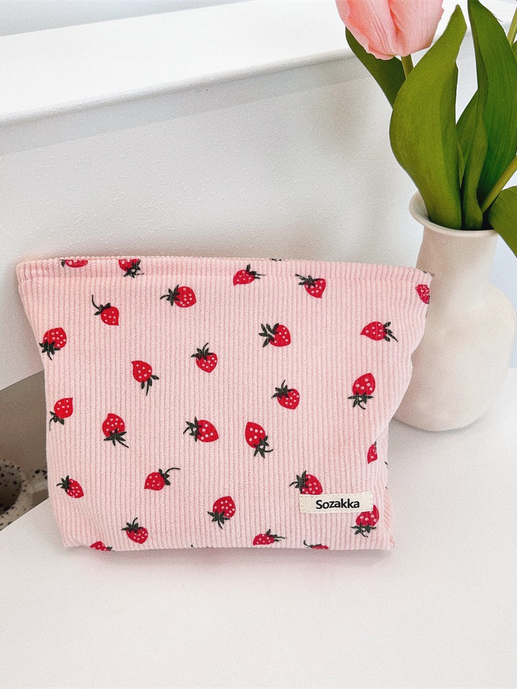 Fashionable corduroy strawberry printed large capacity casual shoulder bag