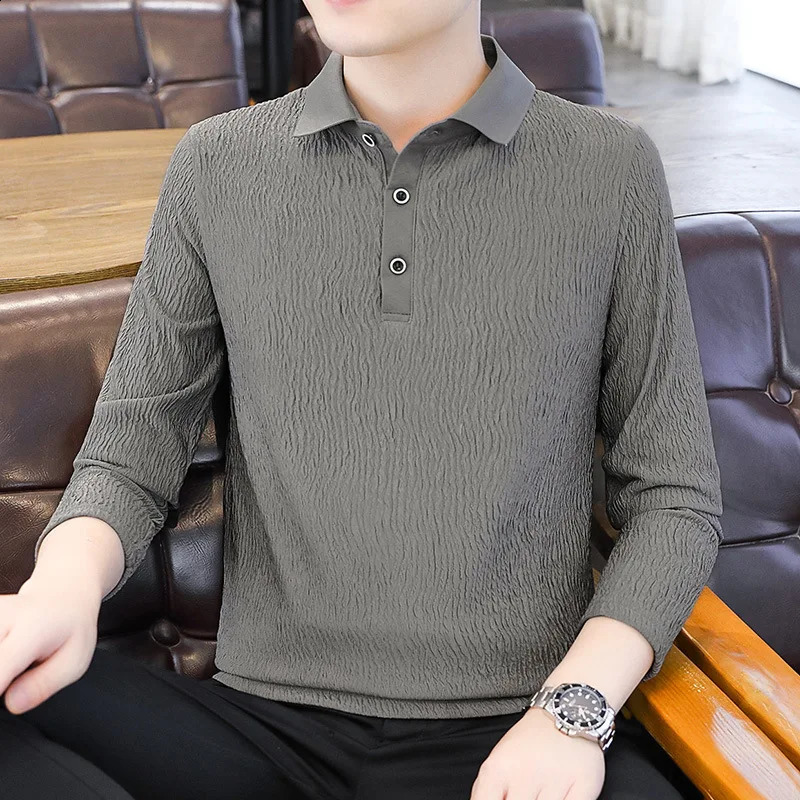 Mens Long Sleeve Polo Shirt Casual T-shirt Spring Autumn Loose Polo Collar Mens Wear Plus Size Crumpled Pleated Shirts 3xl 4xl 240824