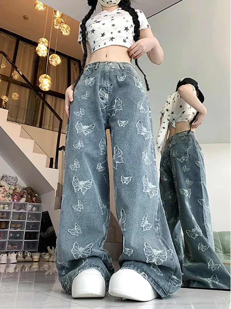 Womens Blue Jeans Harajuku Y2k 2000s 90s Fashion Street Clothing Pocket Denim Trouser Butterfly Retro Garbage 240823
