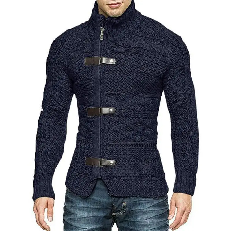 Autumn and Winter Mens Turtle Neck Sweater Fashion Leather Buckle Long Sleeve Knitted Open Collar Coat Large Clothing 240824