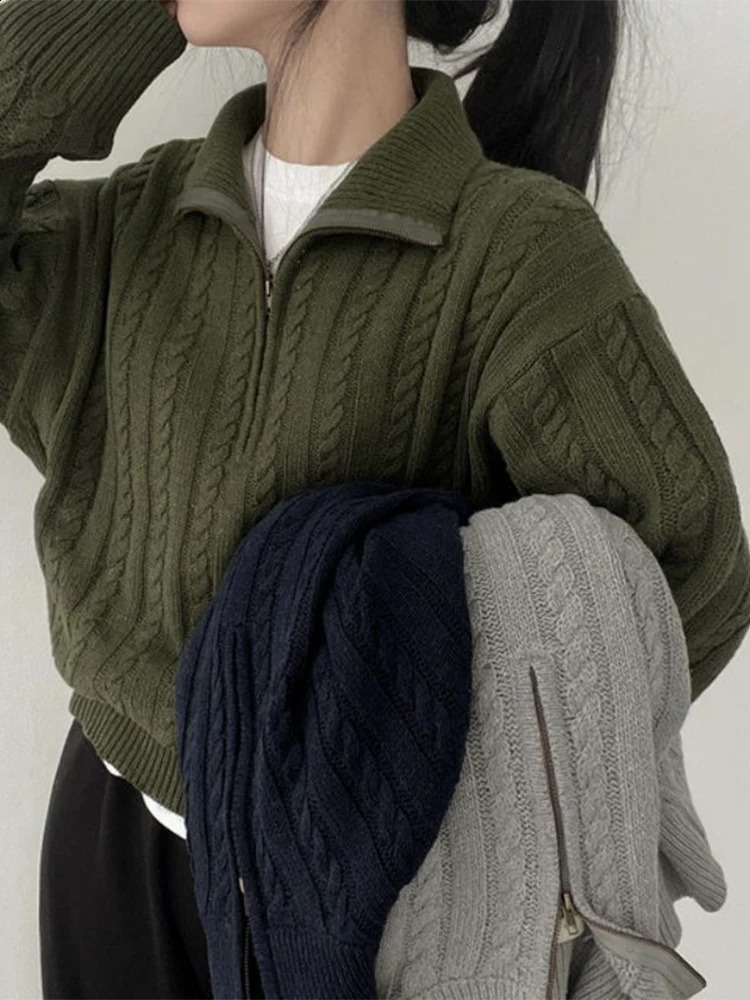 Women Autumn Solid Color Sweater Half High Collar Knit Pullover Baggy Long Sleeve Zipper Lady Knitwear BF Oversize 240824