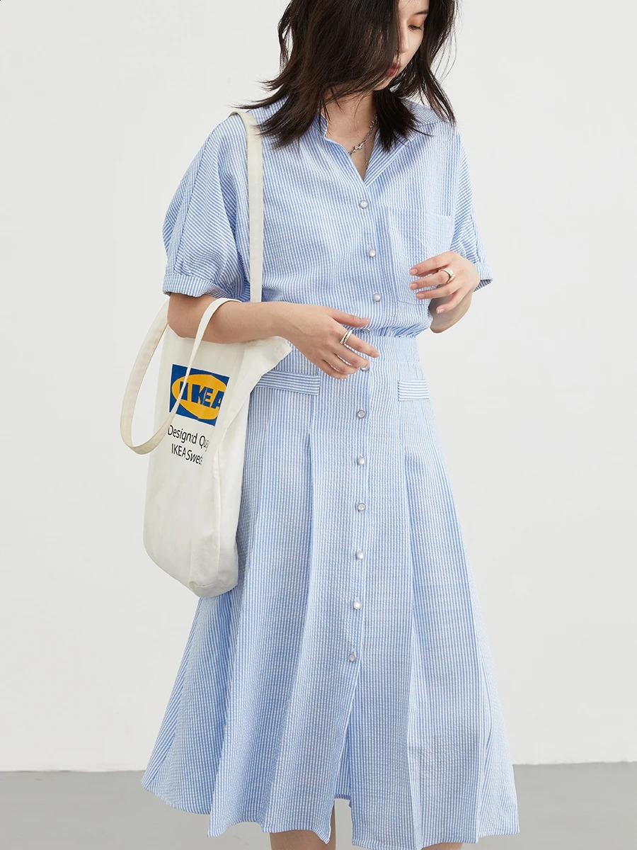 CHIC VEN Korean Pleated Shirt Dress Short Sleeve Dresses Striped Women Loose Slim Dress A Line Women Clothing Summer 240824