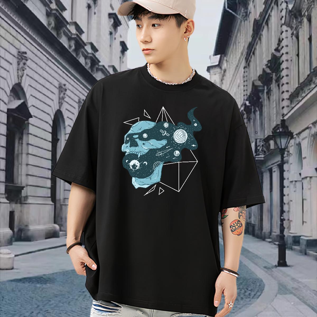 Wholesale Men T Shirts 230g Pure Cotton skull Street Casual Graphic Short Sleeve Soft Men Tshirts New Tops Shirt