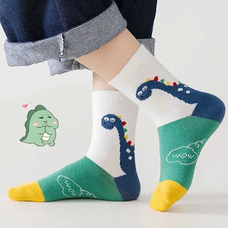 5Pairs Kids Socks Cartoon Dinosaur Striped Print Middle Tube Socks For Boys Girls Casual Warm Cotton Sock CL240824