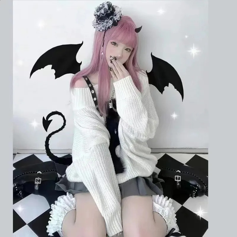 Karrram Harajuku Punk Knitwear Women Off Shoulder Belted Thin Sweater Cross Fur Patch Autumn Loose Gothic Y2k Pullover 240824