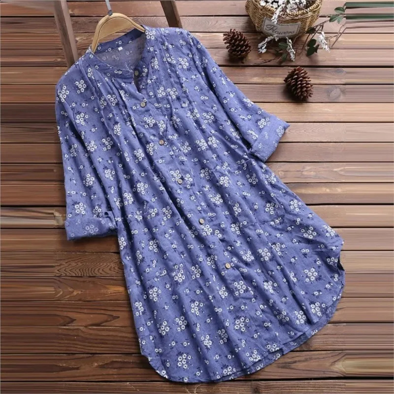 Elegant Long Shirt Cotton Linen Women Fashion Floral Print Loose Blouses And Tops Spring Autumn Full Sleeve Shirts Femme 240823