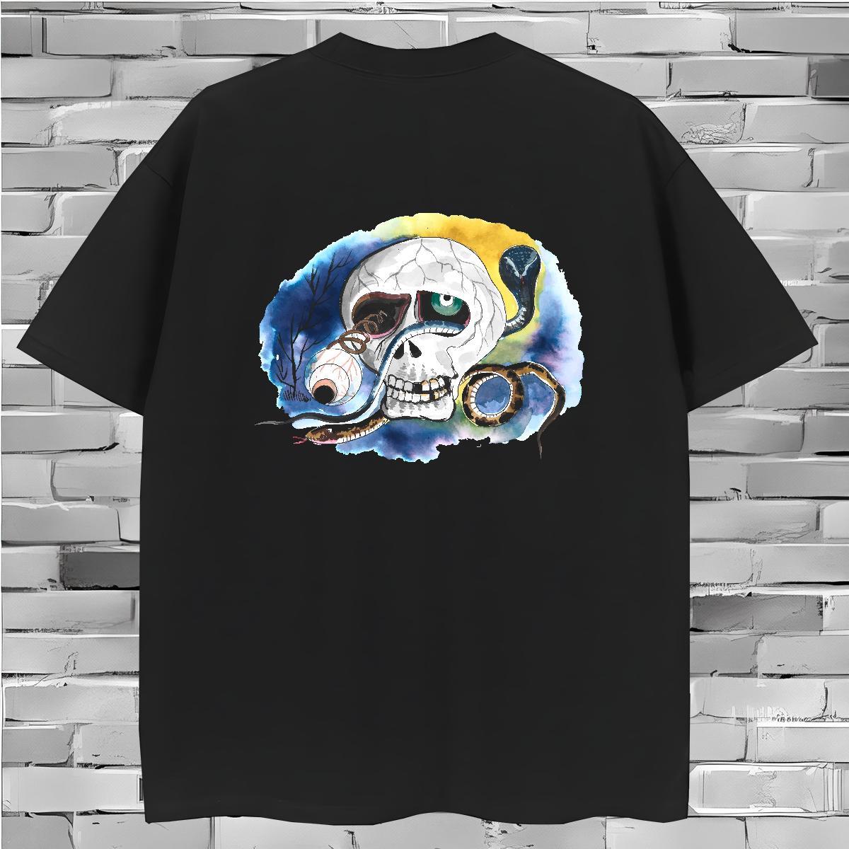 Comfortable Men T Shirts 230g Cotton skull High Street Hip Hop Custom Printed Round Neck Short Sleeve Men Tops Tees DIY Tops Shirt