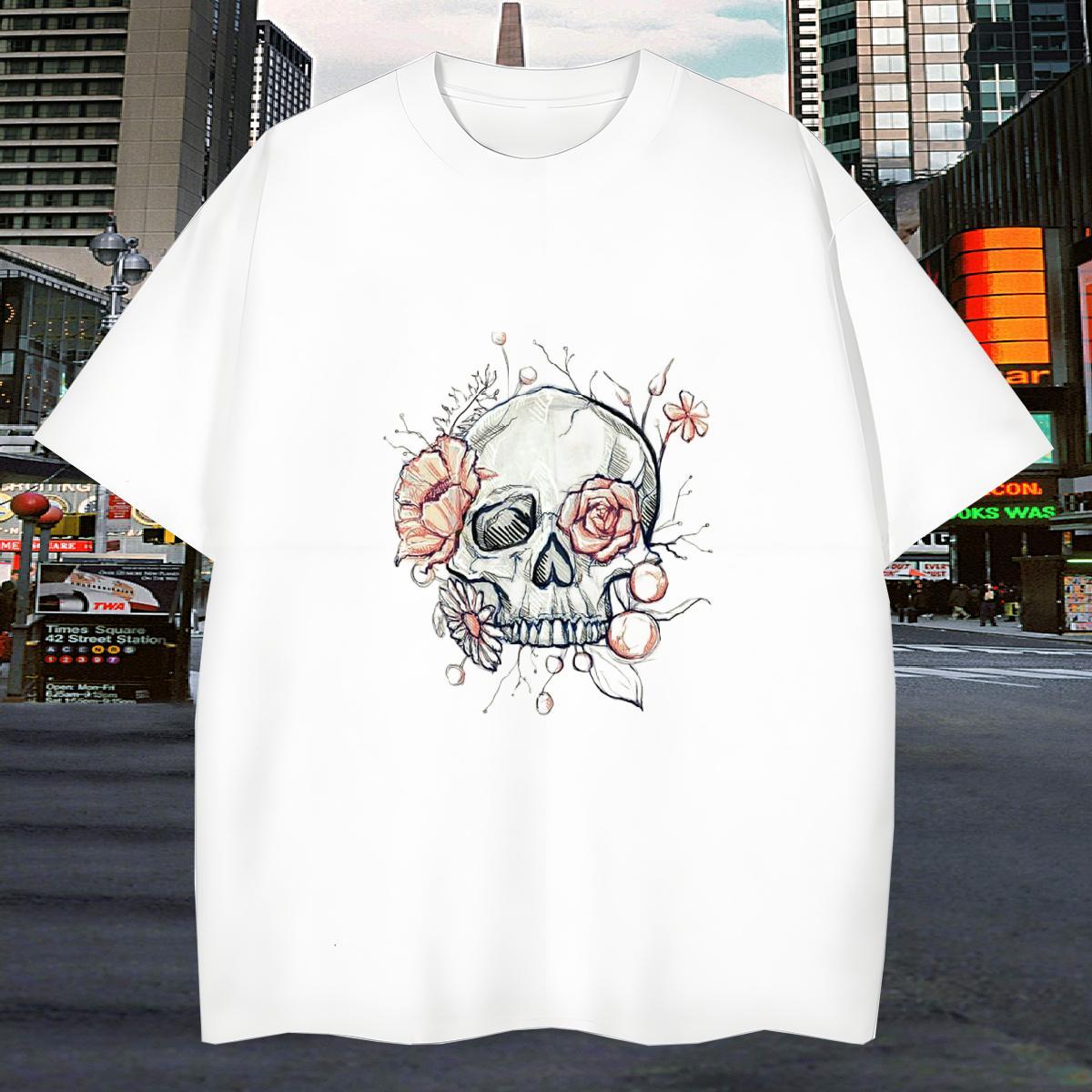 Soft T Shirt For Man 230g Pure Cotton skull Street Casual Anime Print Crew Neck Breathable Men Tshirts Free Shipping Clothes