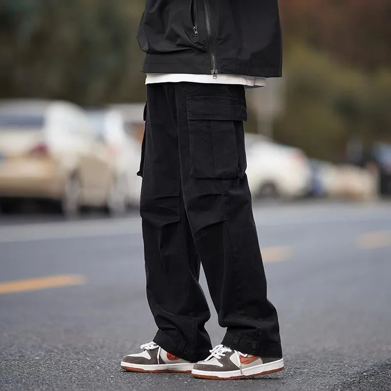 Mens cargo pants brown mens Trouser multi pocket wide straight large size n conventional suitable for aesthetic expressions 240823