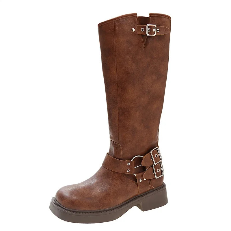 Fashionable square toe womens knee high boots fashionable waistband buckle knight long boots autumn and winter womens low boots 240823
