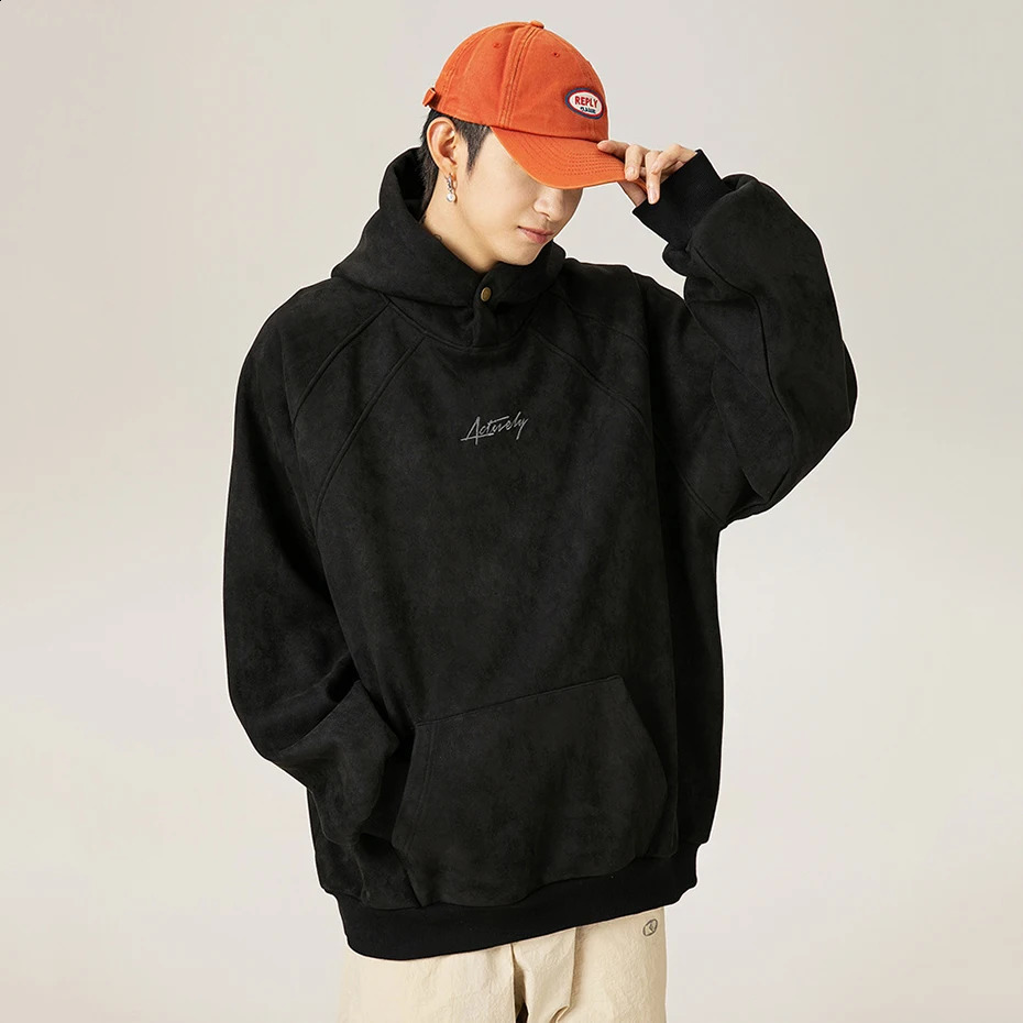 Mens Retro Suede Hoodie Loose Casual Pulling Sports Shirt Street Clothing Harajuku Super Hip Hop 240823