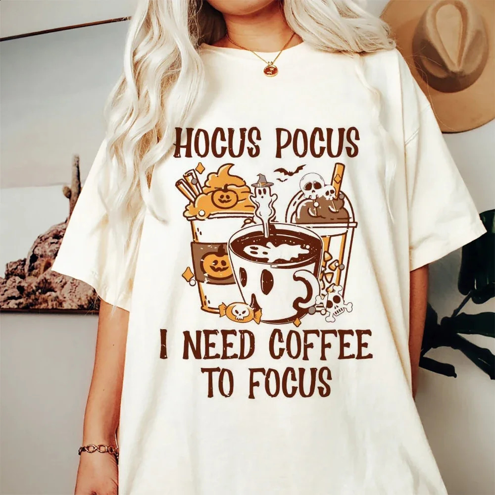 Hocus Pocus I Need Coffee To Focus Cartoon Print Fun Pattern Halloween ONeck Fashion Trendy Style Womens Summer TShirt 240823
