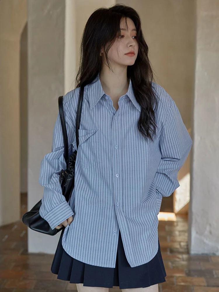 Zoki Women Sweet Elegant Striped Shirt Simple Vintage Loose Korean Blouse Harajuku All Match Long Sleeve Retro Female Tops 240823