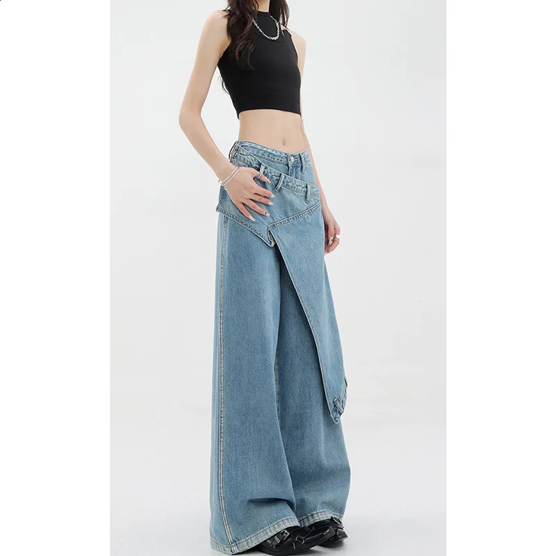 Womens blue Y2k low rise patch work denim bag Harajuku Trouser jeans retro 90s aesthetics 2000s clothing 240823