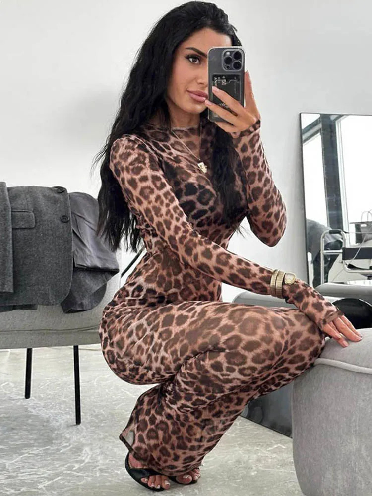 Women Summer Leopard Print Mesh Dress Streetwear Fashion Sexy O-neck Long Sleeve See-through Slim Holiday Party Dresses 240823