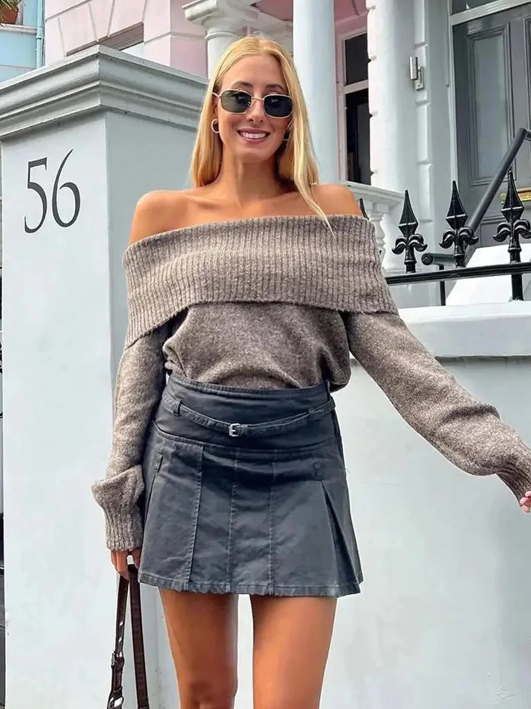 Womens Fashion Off Shoulder Sweaters Casual Long Sleeve Solid Slim Fit Pullover Autumn Female Sexy Folding Knitted Tops TRAF 240824