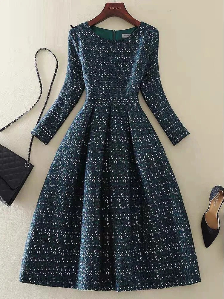 Office Ladies Elegant Tweed Slim Dresses Spring O Neck Long Sleeve High Waist A-line Vestidos De Fiesta Dress Womens Clothes 240824