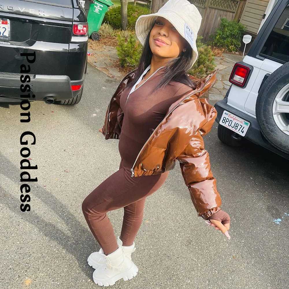 Women's Down Parkas Winter Y2K Women Girls Shiny PU Leather Puffer Jacket Warm Thick Bubble Coat Bright Leather Parka Down Zipper Crop Puffer Str