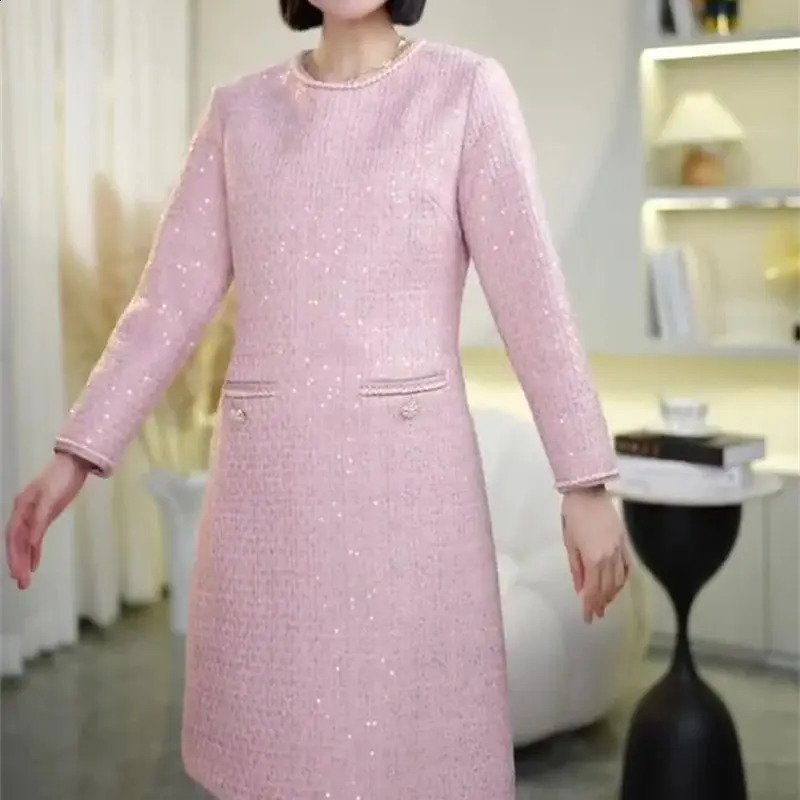 Autumn Winter Elegant Sequins Tweed Dress For Women Long Sleeve High Waist Celebrity Slim Mini Party Vestidos 150P 240824